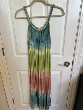 Sleeveless Tie-Dye Maxi Dress in Green, Blue & Pink